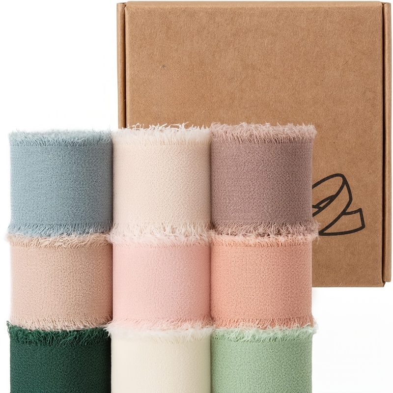 TEMU 9 Rolls 2.54cm X 24.69m Mixed Color Chiffon Ribbon Set, Including 9 Rolls Of Tassel Fabric, Suitable For Wedding Invitations, Bridal Bouquets,