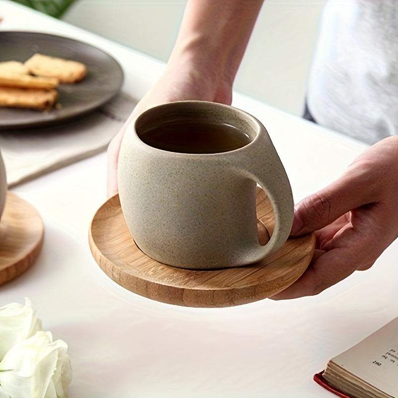 

sophisticated" Elegant Ceramic Coffee Cup With Wooden Tray - Reusable, Hand-wash Only, Perfect For All Beverages & Snacks