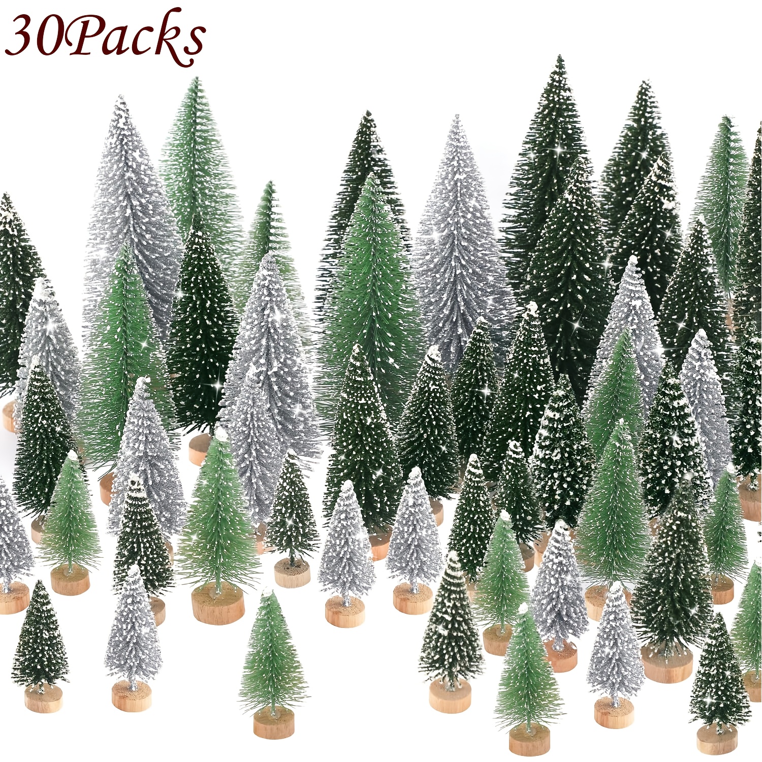 TEMU Ensemble de 30 mini de Noël avec bases en bois, arbres givrés en neige artificielle pour fêtes d'année, décorations festives, manuels de table,