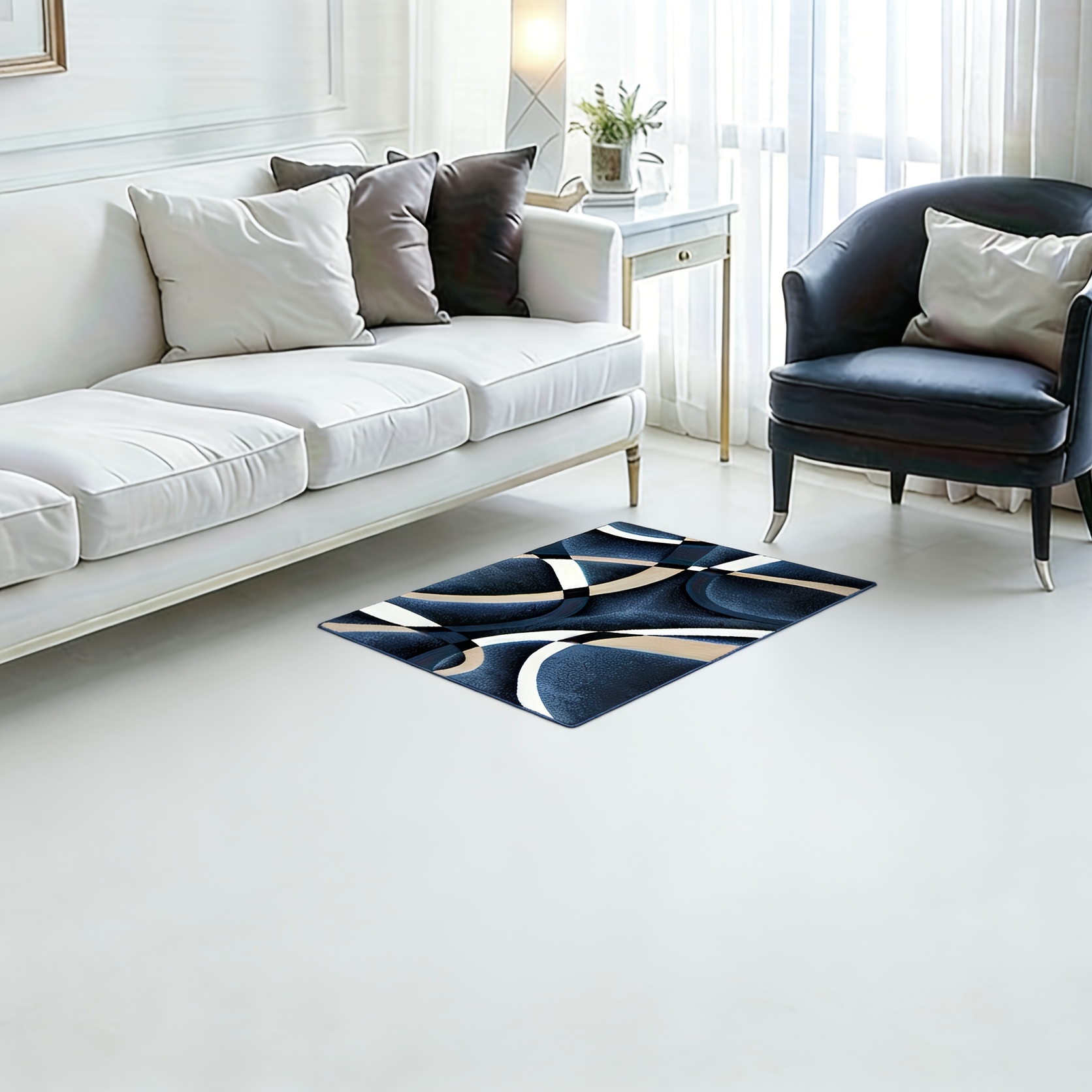 TEMU 31" X 20" And 84" X 60" Non-slip Polyester Area Mats With Geometric Curved Pattern - Navy And Beige, Non-slip Polka Dot Bottom, Soft Machine