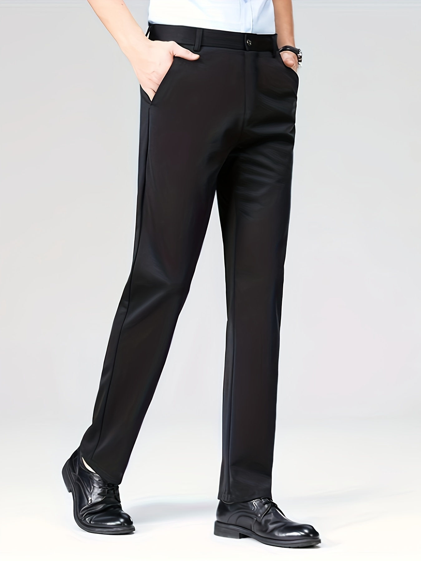 Men'S Relaxed Fit, Navy Blue Dress Pants - Stretchy Spandex Blend, Button-Fly, Mid-Rise, All-Season Workwear, Office Attire|Relaxed Fit Pants|Stylish Waistband