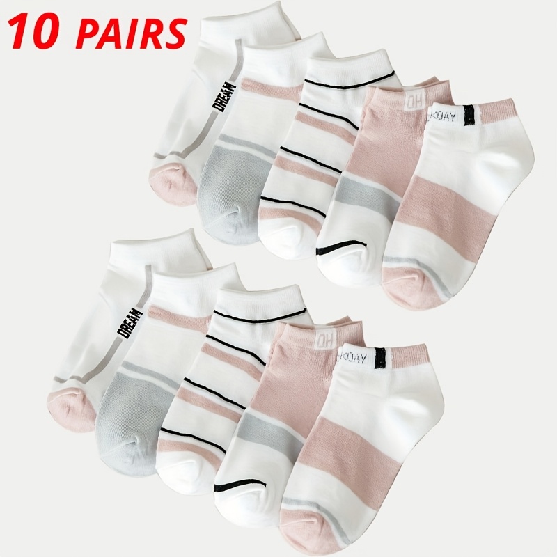 E-shop 5/10 Paar Damen Sommerkurzsocken, gestreifte atmungsaktive Color-Block-Unsichtbare Socken, frische rosa Damensocken