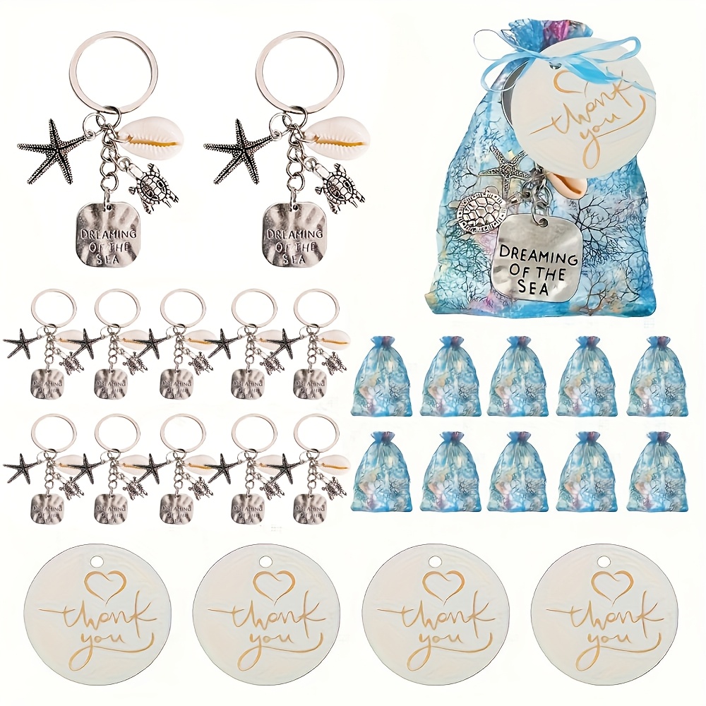 

30pcs Keychain Gift Set - Zinc Alloy Starfish, Turtle & Shell Pendants With Coral Bags & Thank You Tags - Beach Themed Party Favors, Birthday & Wedding Return Gifts