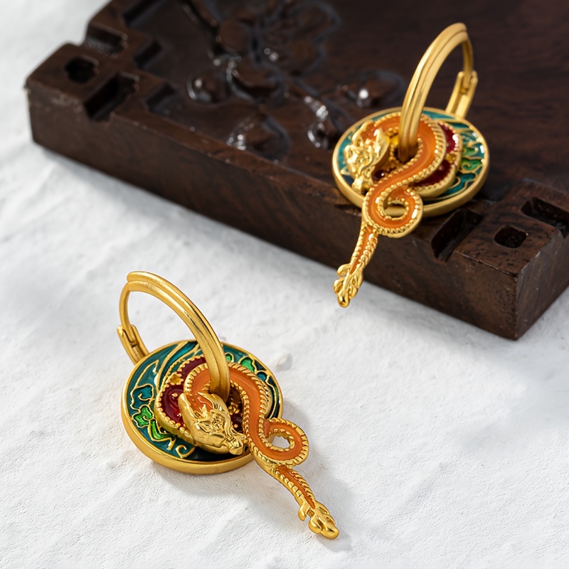 TEMU Elegant 18k Gold-plated Earrings - Vintage Chinese Style With Enamel & Design, Matte , Ideal For Parties & Gifts, Chinese Earrings