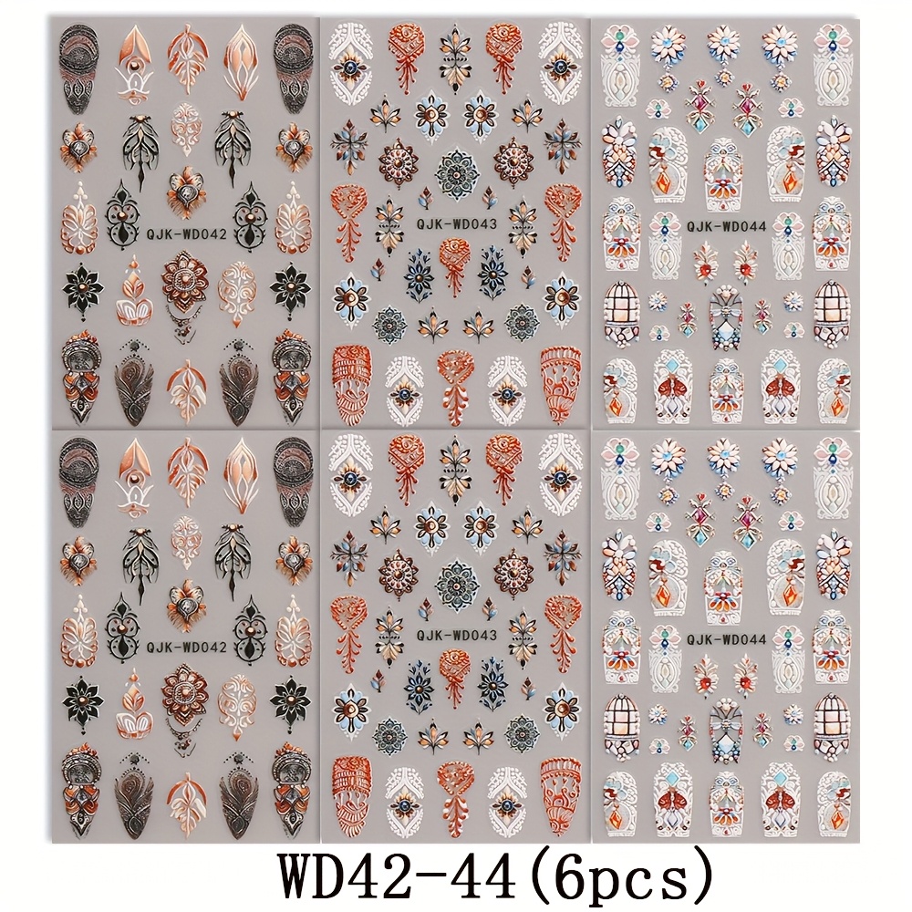 Image of 6pcs Retro Totem Nail Sticker Set, Boho Style Micro Embossed 3d Classic Floral Tile Self-adhesive Nail Decals, Nail Art Decoration Accessories