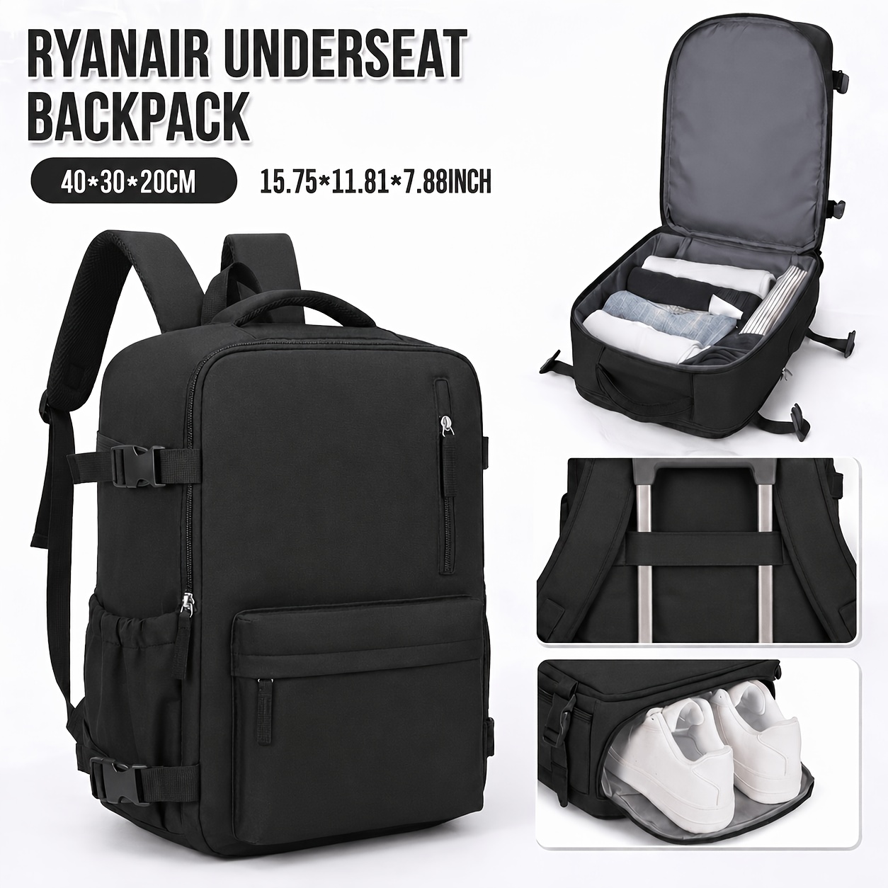 TEMU Ryanair Cabin Bag & Easyjet Carry-on Luggage Suitable For Travel Backpack With 15.6” Laptop Compartment, Shoe Pocket & Underseat Rucksack -