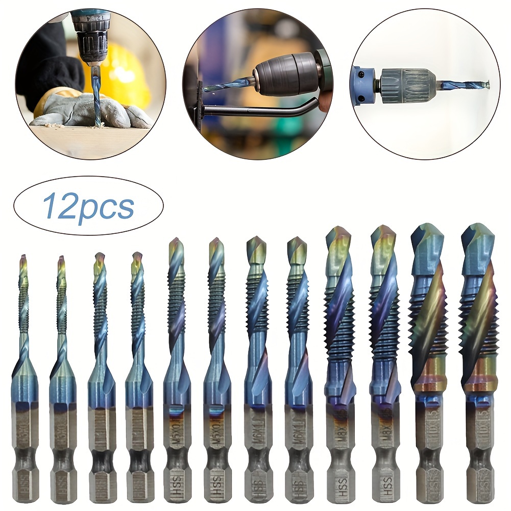 

12pcs M3-m10 1/4" Composite Hex Shank Hss Metric Screw Thread Tap Drill Bits Set