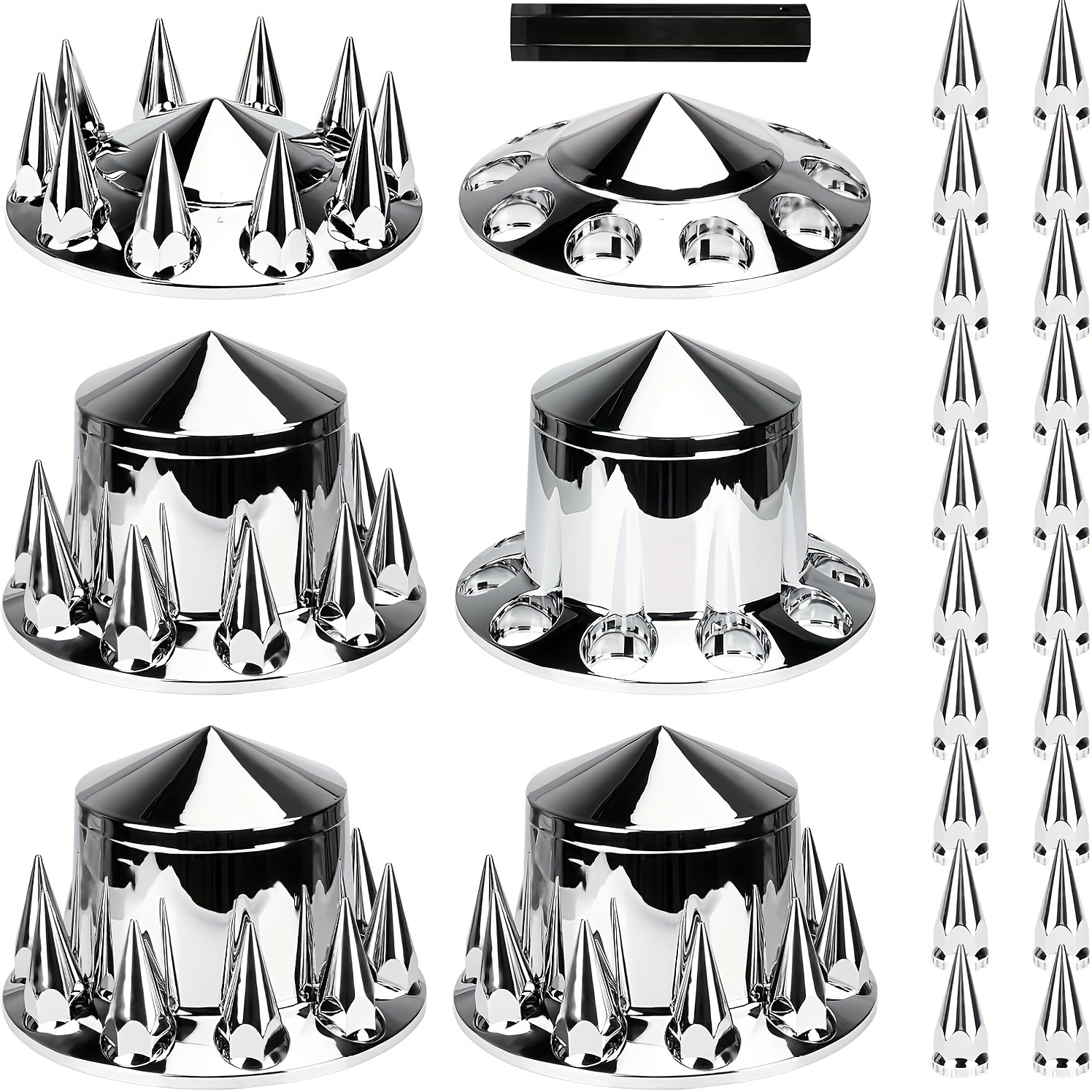 TEMU Combo Kits For Semi Truck Hubs W/screw-on , Spike Abs Plastic Chrome Plated, 2 Front & 4 Rear, 10 Hole Removable Caps, 6pcs