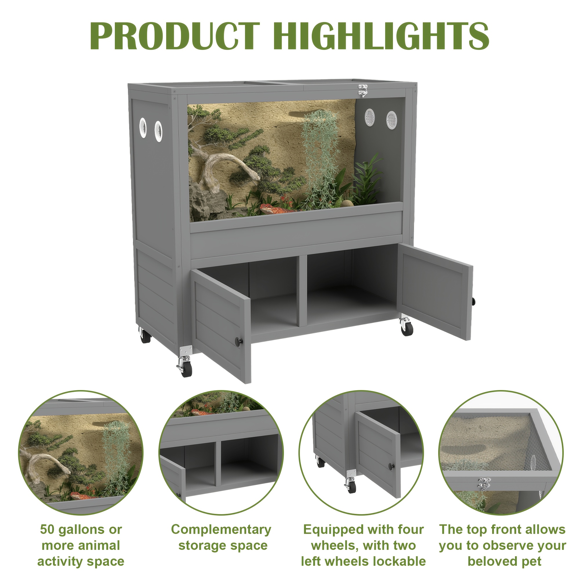 50 Gallon Reptile Terrarium Stand, Adjustable Storage Cabinet, Wheels & Metal Mesh Roof Door, Reptile Habitat Enclosure For /lizard//tortoise