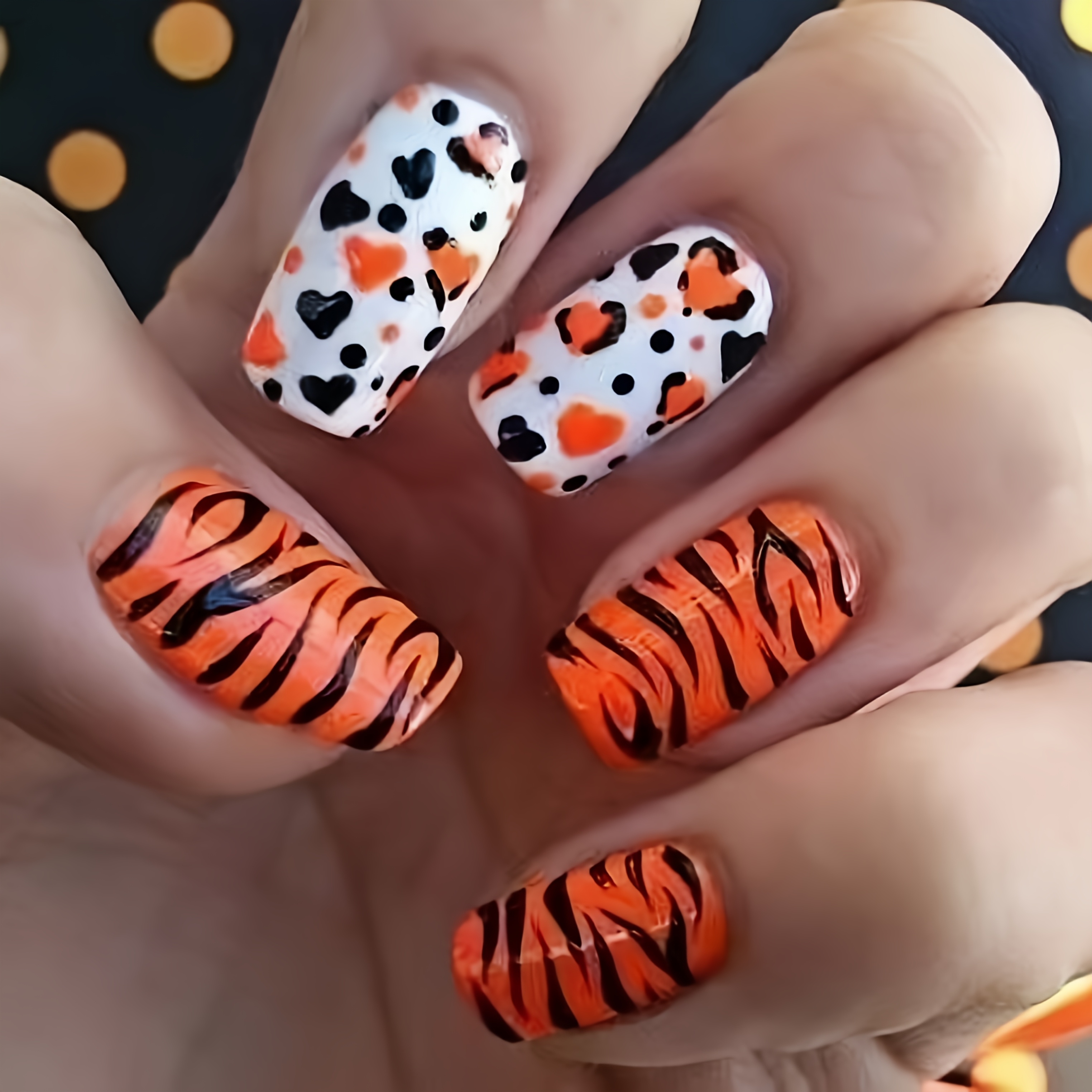 TEMU 24pcs Nail Art Set, Print With White Heart Polka Dot Contrast Sweet Cool Individual Autumn Atmosphere Long Nail Sheets, Glossy Detachable Nails,