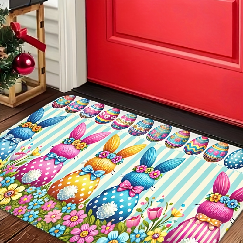 

1pc Easter Bunny And Eggs Flannel Doormat - Non-slip, Machine Washable, Water Absorbent Square Floor Rug Pad For Bathroom, Kitchen, Bedroom, Office - Decorative Polyester Knit Mat Locking