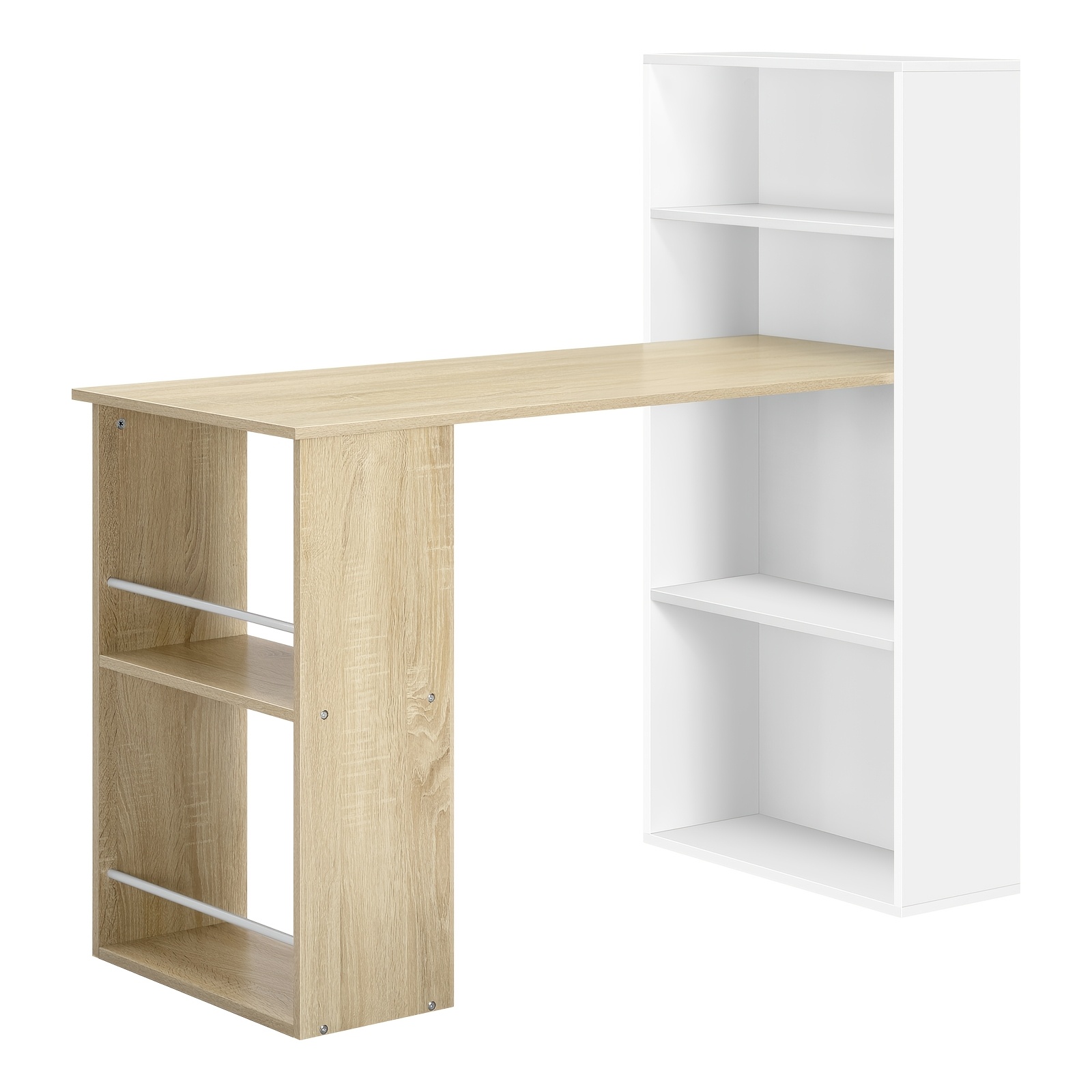 Image of 1pc 3-in-1 Office Desk With Bookshelf, Large Storage Space, Multi-functional, 120x55x120cm, Suitable For Study Room And Bedroom, White + Light Brown