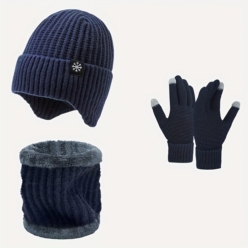 3pcs Winter Beanie, Neck Gaiter, Touch Screen Gloves Set, Thick Warm Knit Ear Warmer, Fleece Lining, Winter Outing , Without Battery