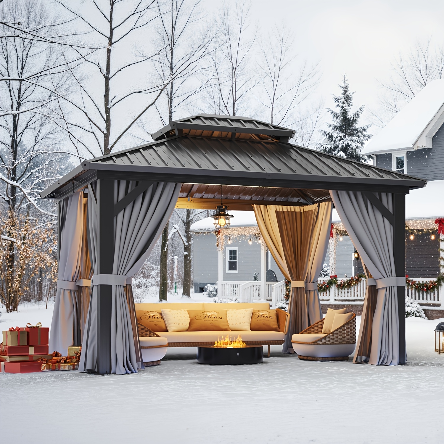 TEMU Sonegra 12'x10' Gazebo, A Durable Iron-framed Permanent Featuring Netting And Curtains, Ideal For Outdoor Spaces, With A Galvanized Steel Double