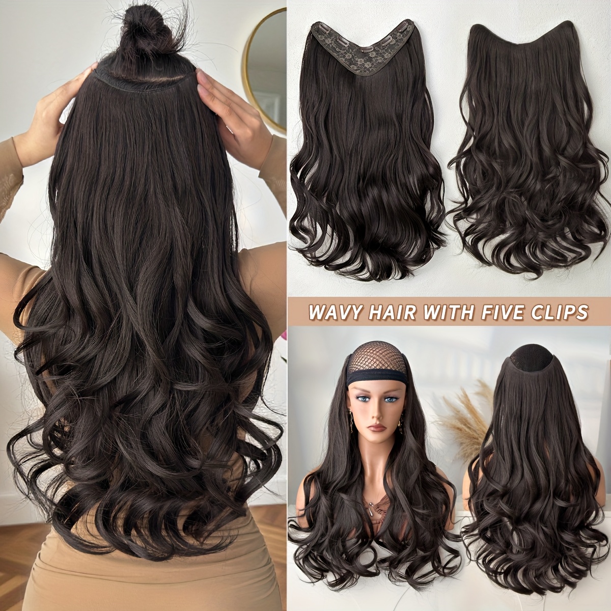 TEMU Extension per Capelli a Clip Ombre a V 24 Pollici Lunghezza Corpo Fibra Resistente al Calore per Donne e Ragazze, per Feste e Uso