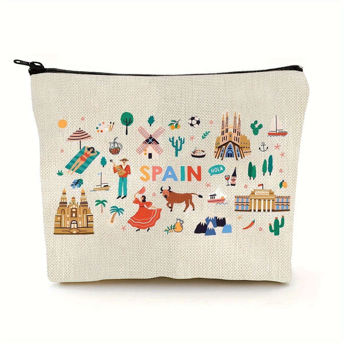 

Spain Travel-themed Cotton Cosmetic Bag, Non-waterproof Makeup Pouch With Spain-inspired Illustrations, Formaldehyde-free Multi-use Organizer For Stationery, Toiletries, And Cosmetics