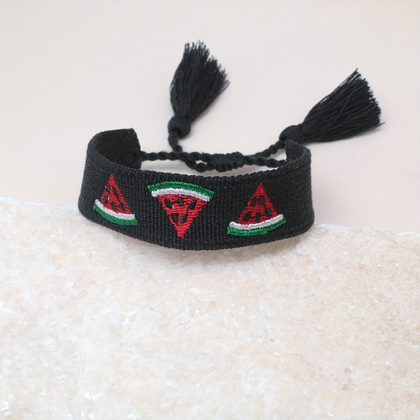 Image of Chic Watermelon Embroidered Bracelet With Tassel Accents - Polyester Fiber, Ideal For Vacation, , And Gift , Gift | Wristband | Embroidered Detailing, Watermelon Themed Items