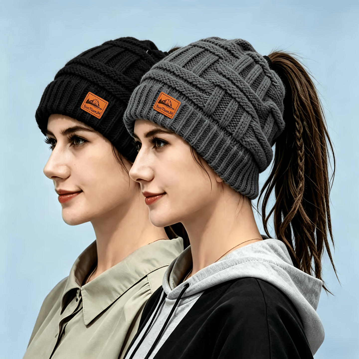 TEMU 2pcs Women's Ponytail Beanie, Ponytail Bunny Hat / Messy Bun Hat / Dreadlock Hat With Opening Design, Relaxed Loose Fit, Suitable For Outdoor