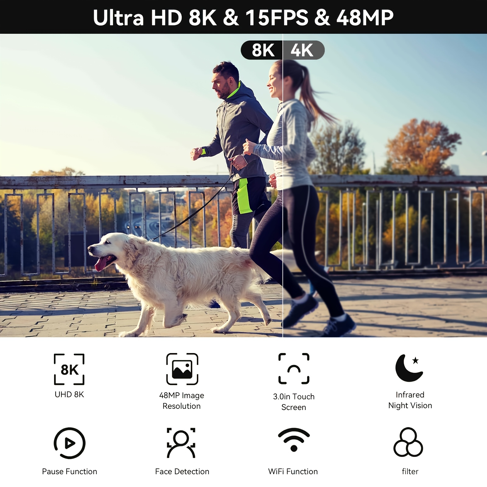 TUOGTCI 8K Camera Compatible for YouTube with 48MP/15FPS/7.62cm Touch Screen/18x Zoom/Night Vision/Fill Light/Microphone/Stabilizer/Remote Control & Battery - Vlogging Camera for Content Creation, Streaming, FPV (MP4 Recording)