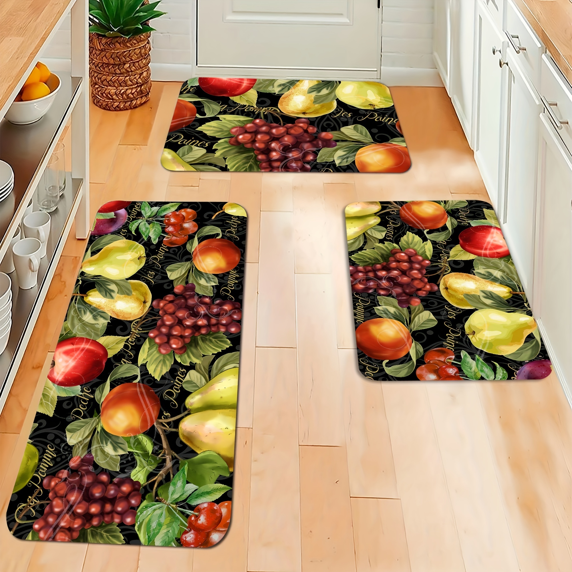 

3-piece Kitchen Doormat Set - Non-slip, Absorbent, Machine Washable Rectangle Area Rugs - Polyester Flannel, Fruit Design - Includes Sizes 40x60cm, 50x80cm, 40x120cm