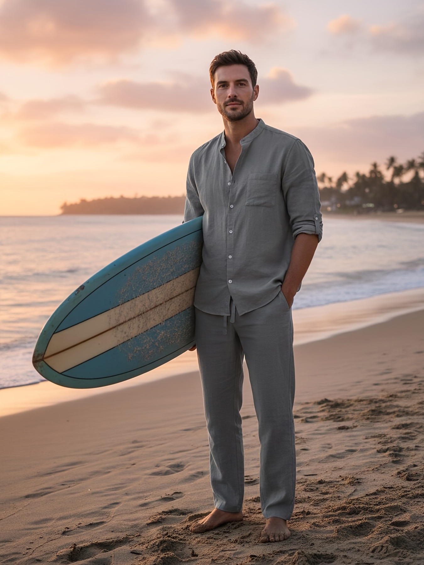 Men's Long-sleeve Shirt and Trousers Set for Spring, Summer, and Autumn. Made of Linen for Good Breathability and Comfort. Features a Small Stand-up Collar and Elastic Waistband with Drawstring on the Trousers, Ideal for Seaside Leisure and Vacation