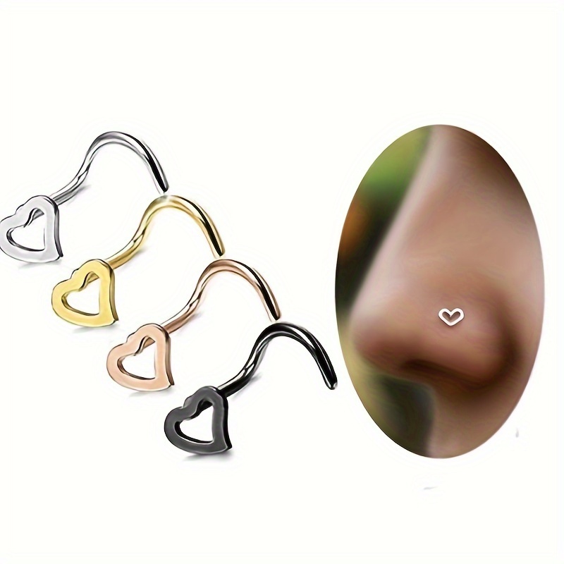 

5pcs, Heart-shaped Curved Hook Nose Nails, Stainless Steel Hollow Peach Heart Nose Rings, Body Piercing Accessories