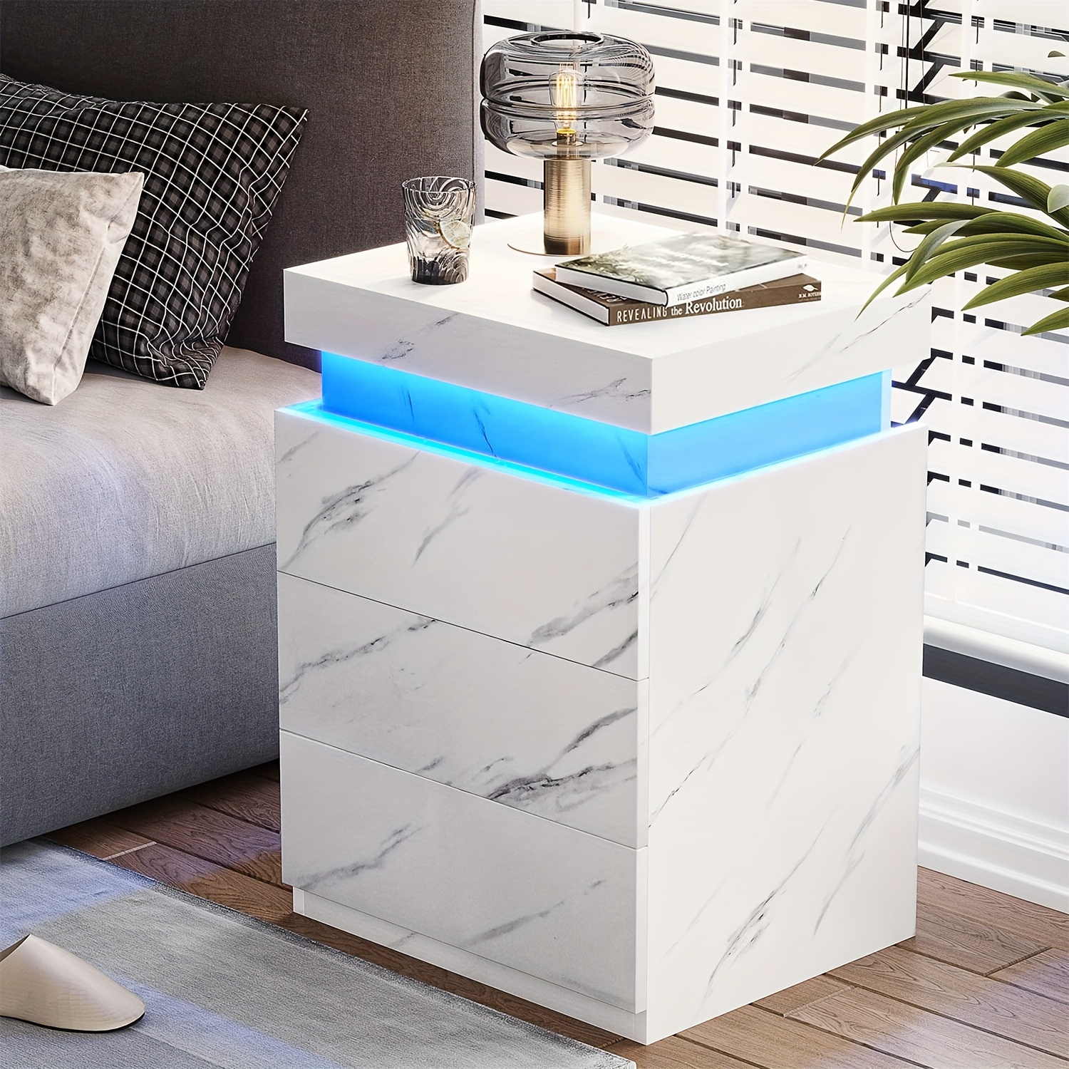 

Nightstand With Charging Station And Led Lights, Bedside Table With Drawers And Sliding Top, White