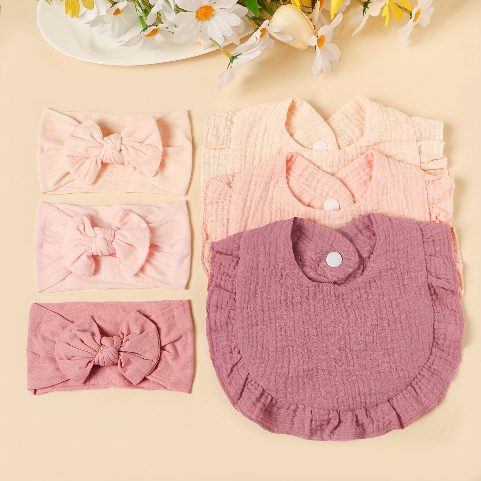 Image of 6pcs Bow Headband And Bib Set - Soft And Comfortable Baby Feeding Bib, Skin-friendly Elastic Children' Hair Accessories