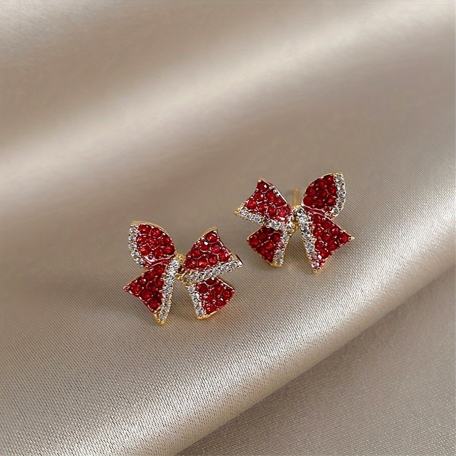 

Red Bowknot Stud Earrings With Synthetic Cubic Zirconia, 925 Sterling Silver Post, Uv Plated Alloy, Cute Jewelry For Christmas And New Year Celebrations, Earrings For Women (1 Pair)