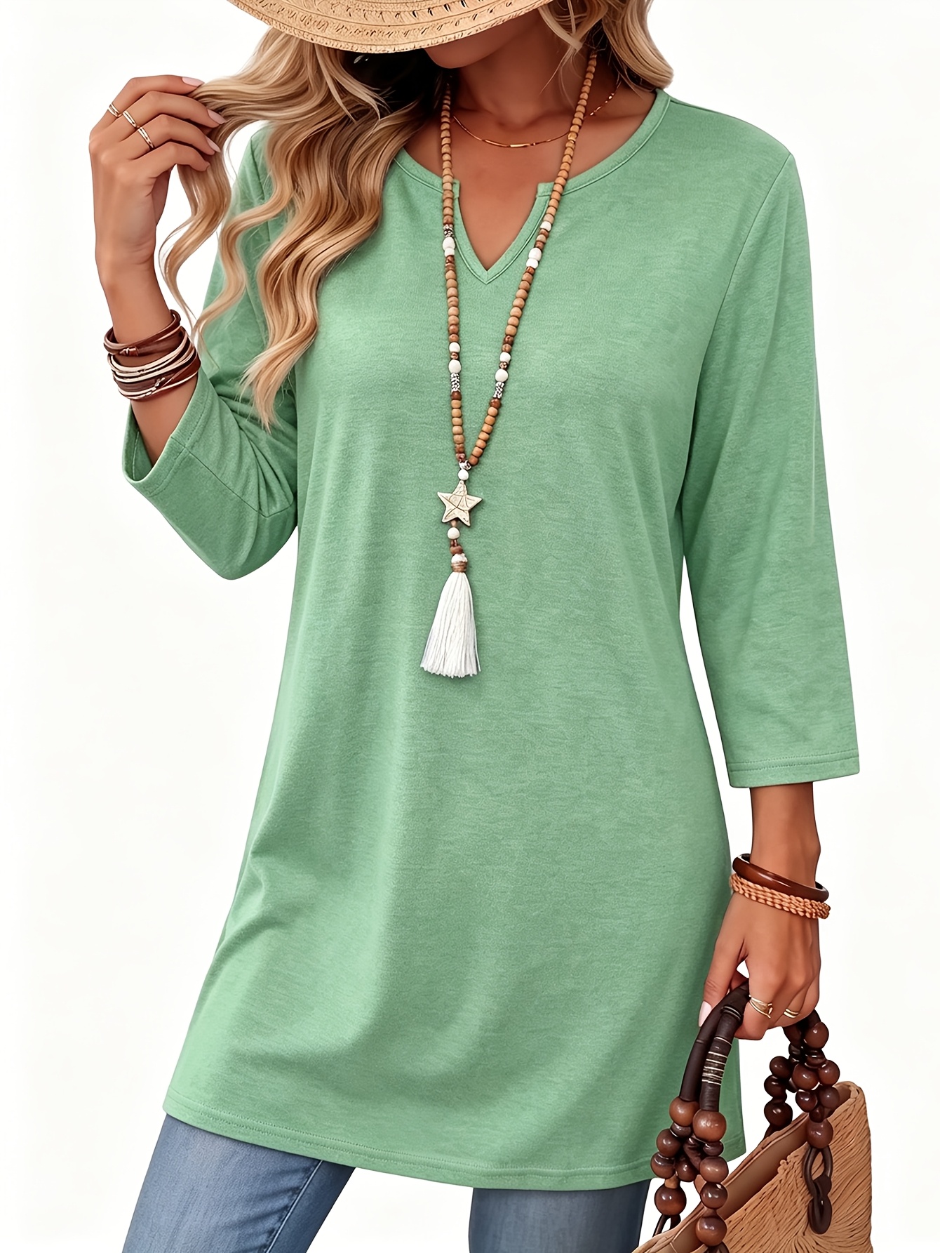 damen-blusen-t-shirt mit v-ausschnitt 3/4-ärmeln – langes, locker geschnittenes oberteil, einfarbiges basic-shirt,   für freizeit, büro & urlaub, maschinenwaschbar, blickdicht – alltags-garderoben-essential