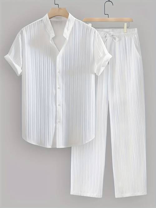 2pcs mens solid color textured fabric set casual fashion stand collar short sleeve shirt drawstring pants for daily vacation beach wear
