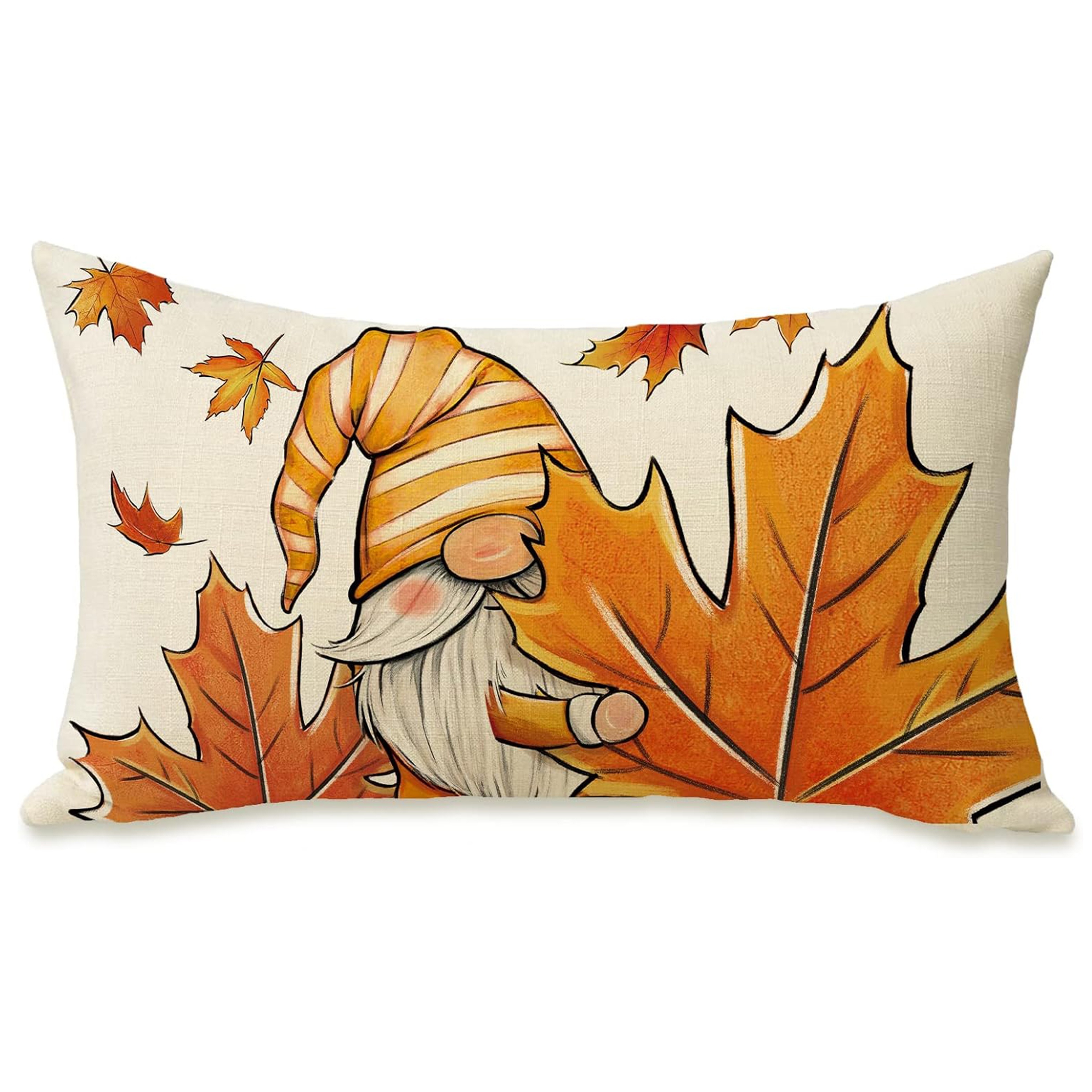 

Autumn Gnome With Maple Leaves Linen Throw Pillow Cover, 12x20 Inches, Contemporary Zippered Lumbar Cushion Case For Sofa Couch Patio, Machine Washable Farmhouse Rustic Seasonal Home Decor - 1pc