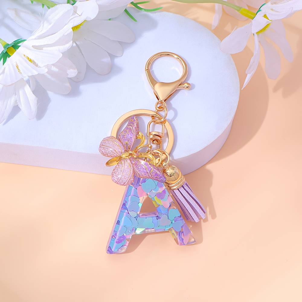 TEMU Portachiavi con in resina con paillettes "Love", chiusura a moschettone, nappa a , ciondolo per borsa, cross-border