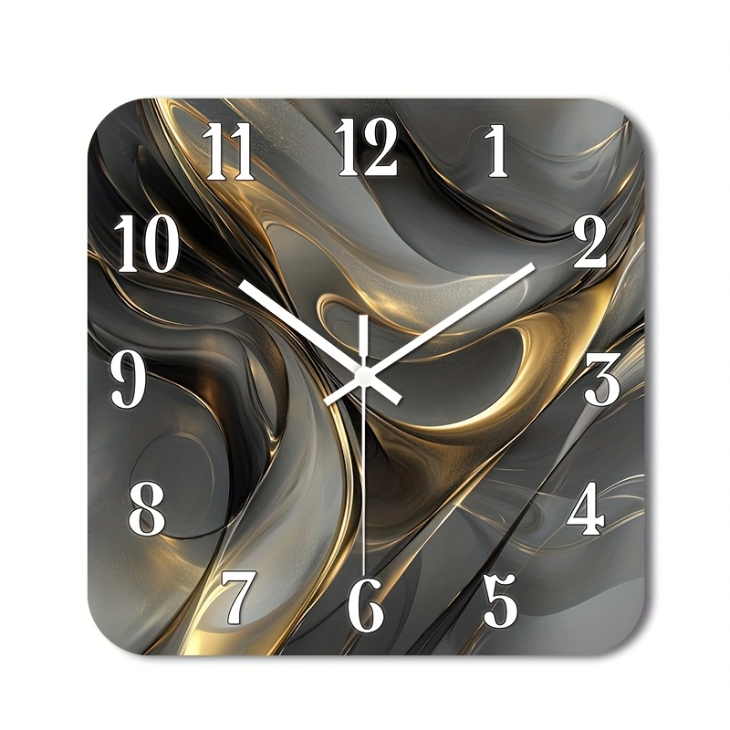 TEMU 1pc Of A Quiet Wall Clock That Tick, Featuring A Decorative Square Design With A High-definition Glossy End And Abstract Metallic Swirls Along