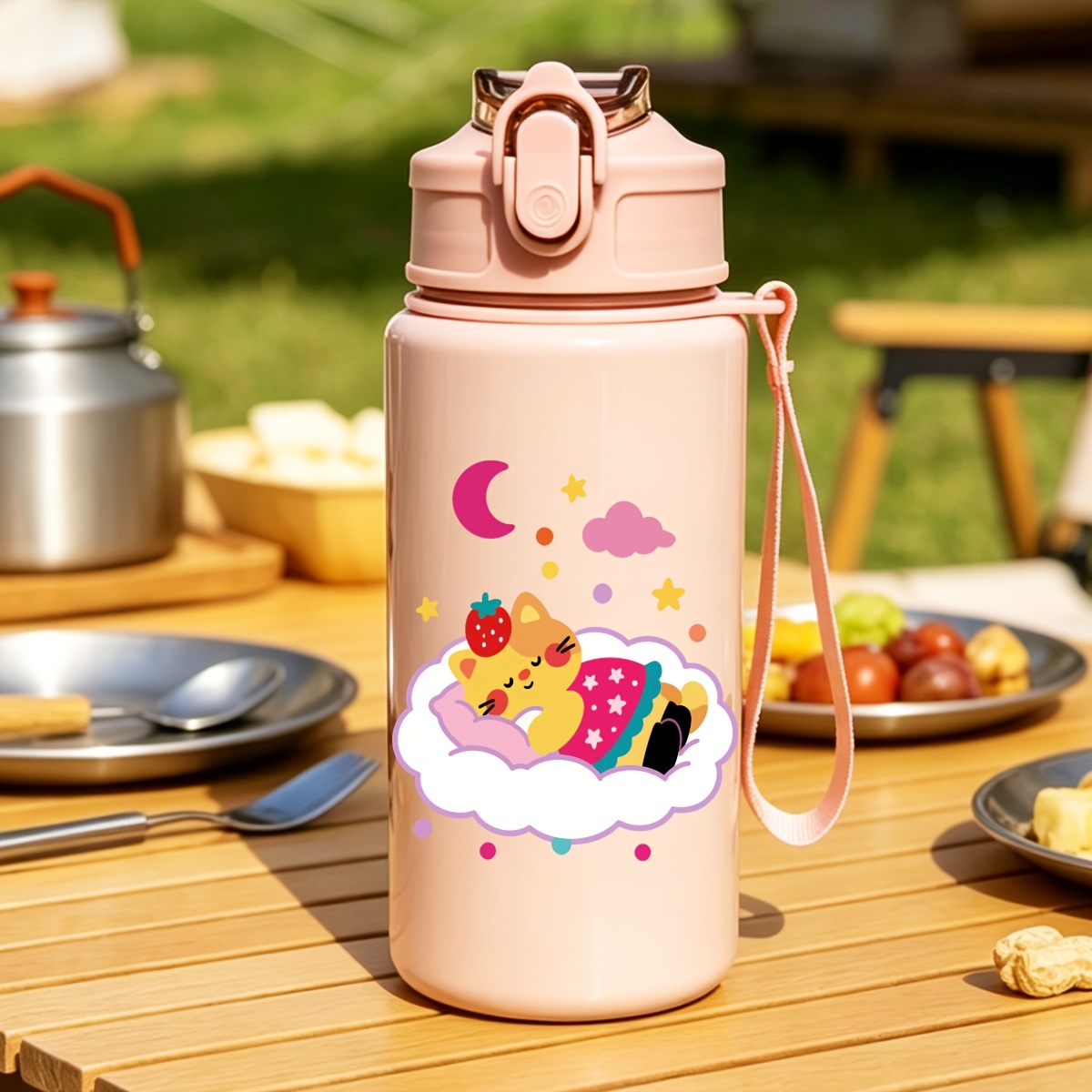 TEMU Customizable Name - Cute Plastic Water Bottle With Straw, 500ml, Featuring Cartoon Elephant, Cute Penguin, Lion, Sleeping Cat. Back-to-school