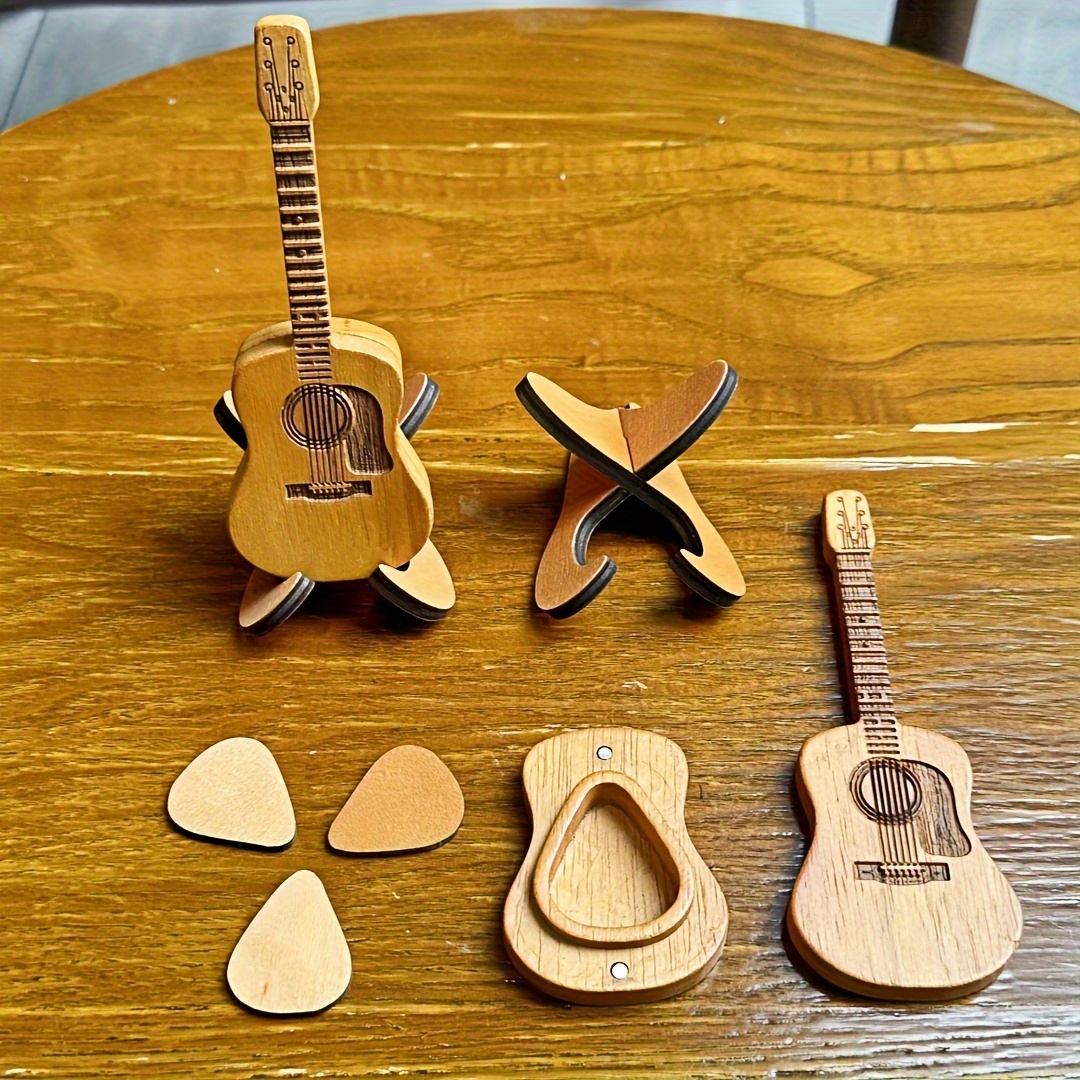 

Natural Yellow Wood Guitar Pick Holder Set With Stand And 3 Picks - High-quality Storage Box For Guitar, Bass,