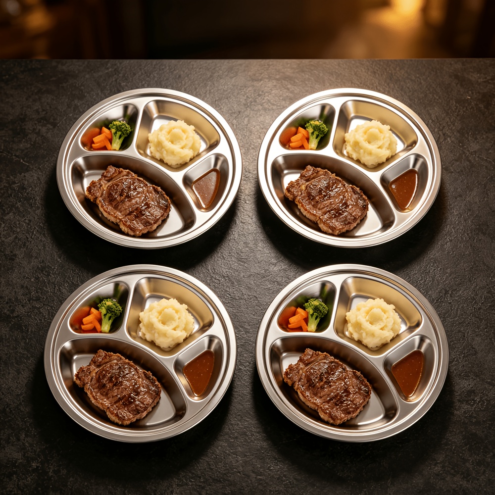 TEMU Round Plate, Stainless Steel Design, Food Material, Durable And Resistant, Easy To Clean, Daily Dining At Home, Picnics And Camping, Family
