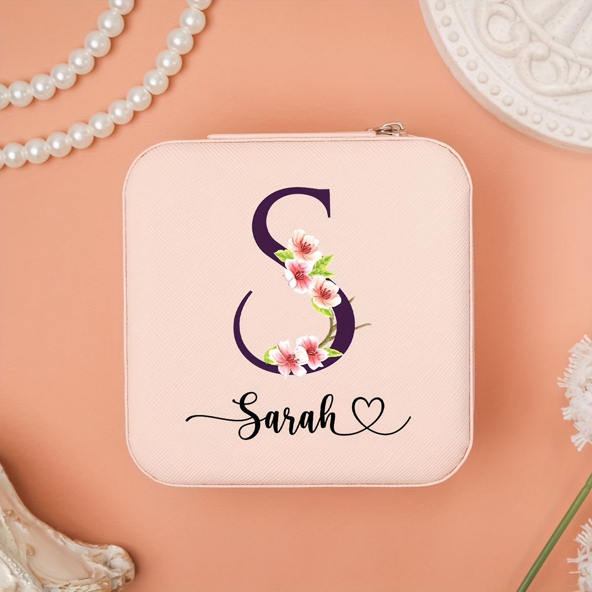 TEMU 1pc Personalized Cherry Letter Design Jewelry Box, Organizer For Rings, Necklaces, And Earrings, Soft Faux Leather With Fluffy Interior, Ideal