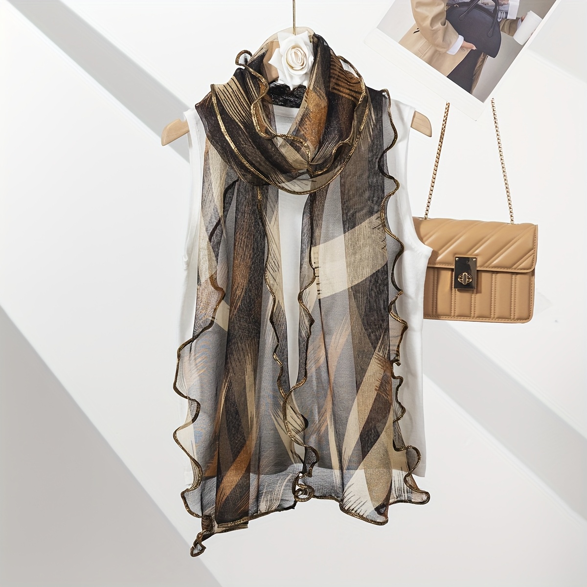 Image of 1pc Women's Vintage Color-block Lace Ruffle Fashionable Versatile Long Scarf/ Scarf