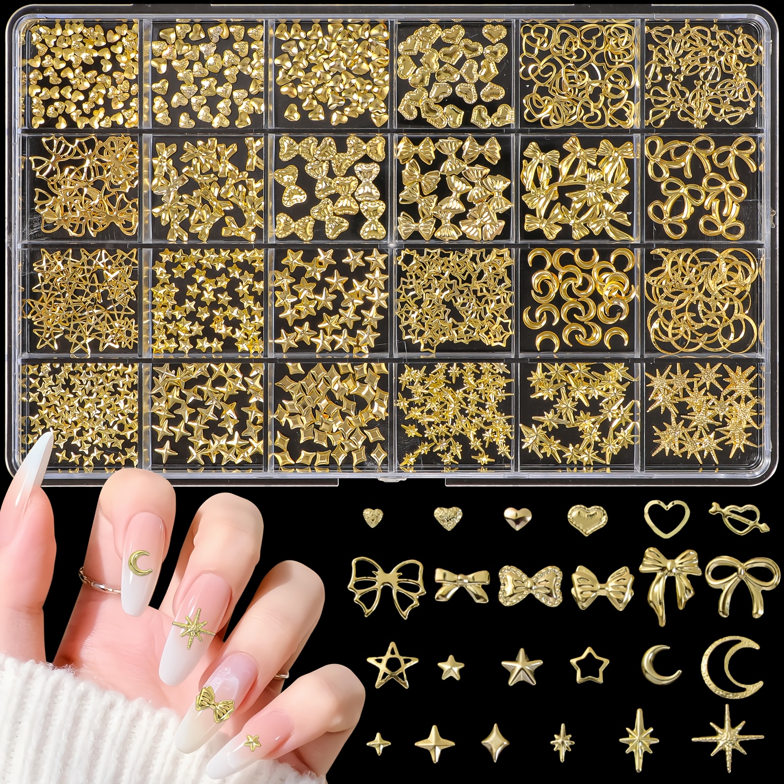TEMU 24 Adornos para Uñas con Formas, Tachuelas Doradas Huecas con Diseño de y , Luna, Estrella, para Decoración de Uñas y Fabricación de Joyas