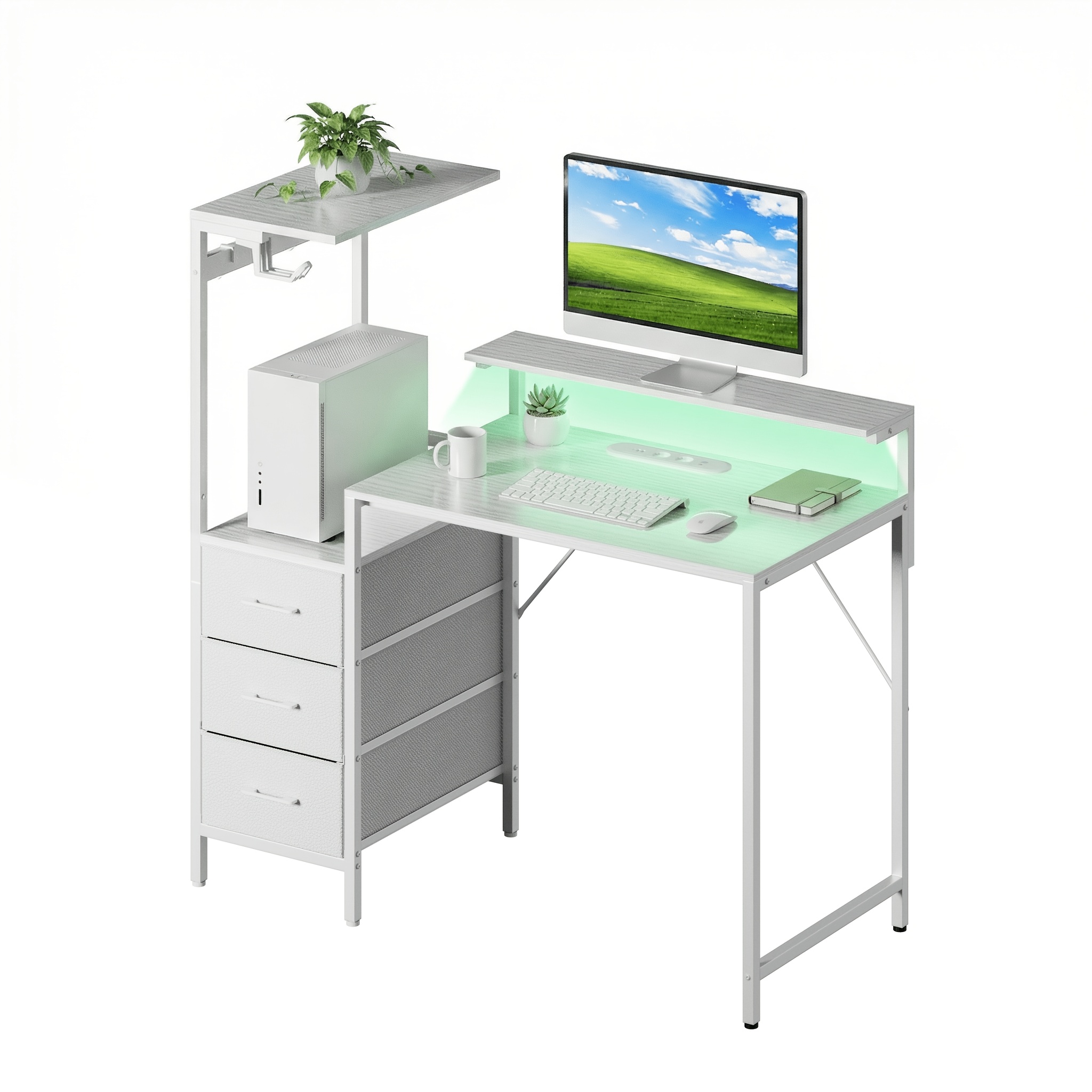 Image of 47/59-inch Home Desk, 3 Drawer-computer Table Featuring Iron Hanging Rack, 4 Color-workstation With Power Sockets, Storage Space, Pc Gaming Desk With Monitor Stand