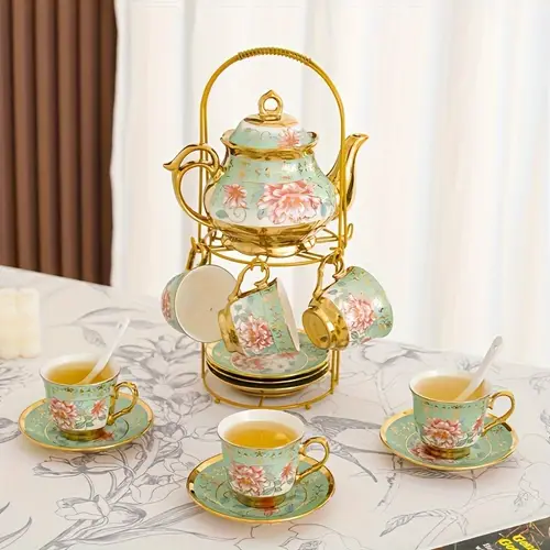 20pcs ceramic tea set coffee pot blooming floral ceramic tea set with metal holder delicate porcelain cups saucers and tea accessories perfect christmas gift for afternoon tea and special occasions