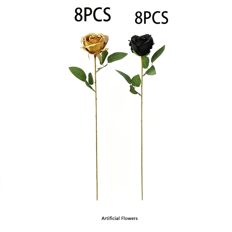 TEMU 16pcs Black And Golden Artificial Rose Bouquet, Lifelike Plastic Flowers With Long Stems & Dense Green Leaves, Durable Fake Roses For Wedding