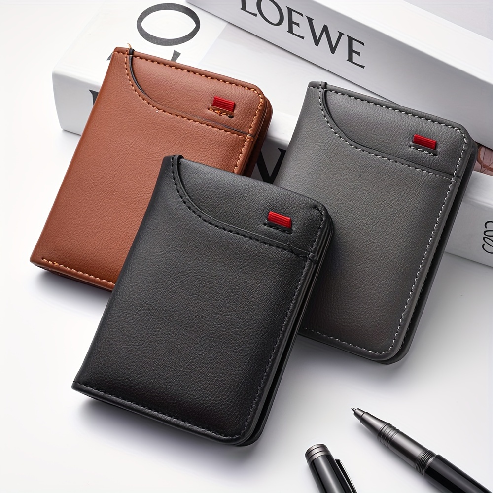 1 billetera de tarjeta de crédito de cuero falso para hombres de moda, diseño delgado y suave, porta tarjetas múltiples, estilo empresarial, no lavable, color sólido, negro