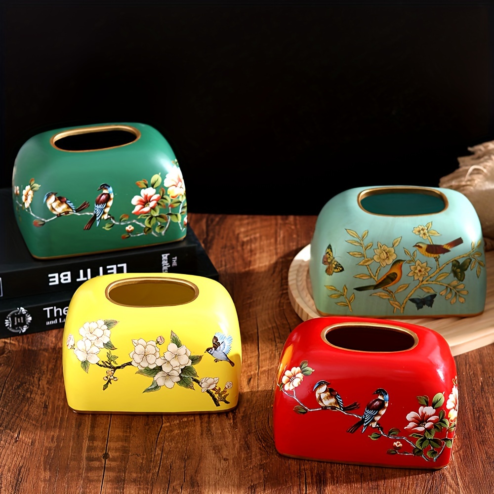 1pc flowers and birds ceramic tissue box holder elegant floral   with golden accents durable home office decor for living room dining table perfect thanksgiving gift for friends   detailed     Product details 0