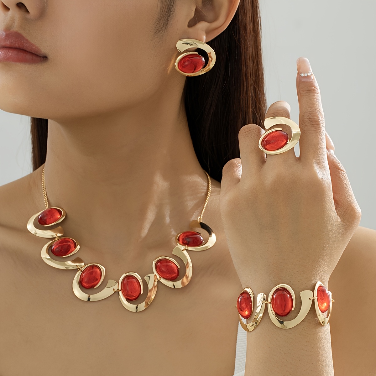 TEMU Five-piece Set Of Fashionable And Elegant Temperament Metal- Inlaid Plastic Pendant Suitable For Women' Holiday Gift Necklace Bracelet Earrings