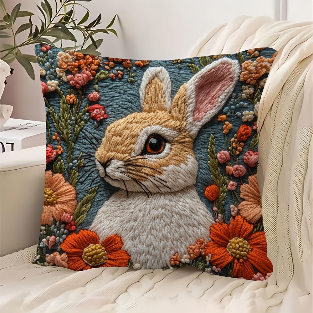 

1pc Contemporary Embroidered Rabbit Design Cushion Cover, Double-sided, Hand Wash, Zipper Closure, 18x18inch, Polyester Decorative Throw Pillow Case For Sofa, Chair, Bed, Car, Living Room - No Insert