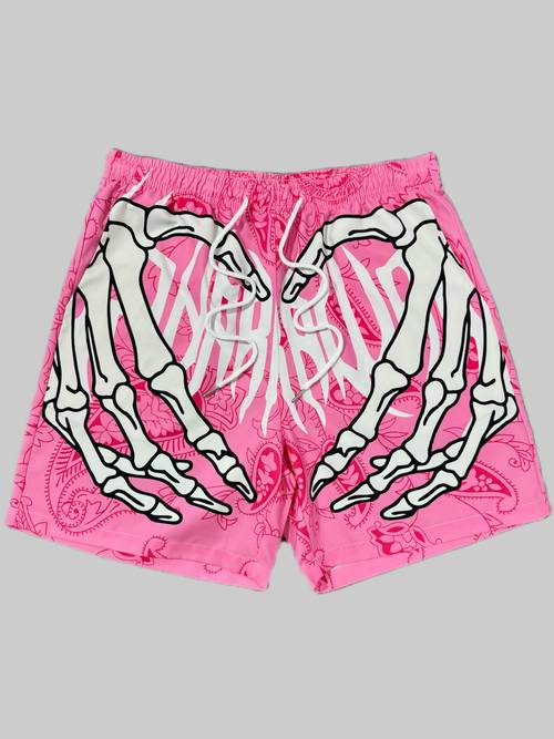 mens skeleton hand and paisley pattern and letter print shorts chic and trendy shorts with drawstring and pockets suitable for summer street and sports wear