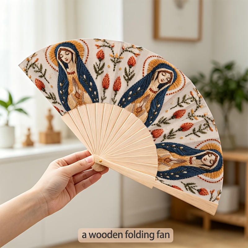 TEMU Éventail pliant en bois de 23 cm, léger et portable, avec un motif imprimé vintage floral de Marie à double . Un article pour les fêtes d'été