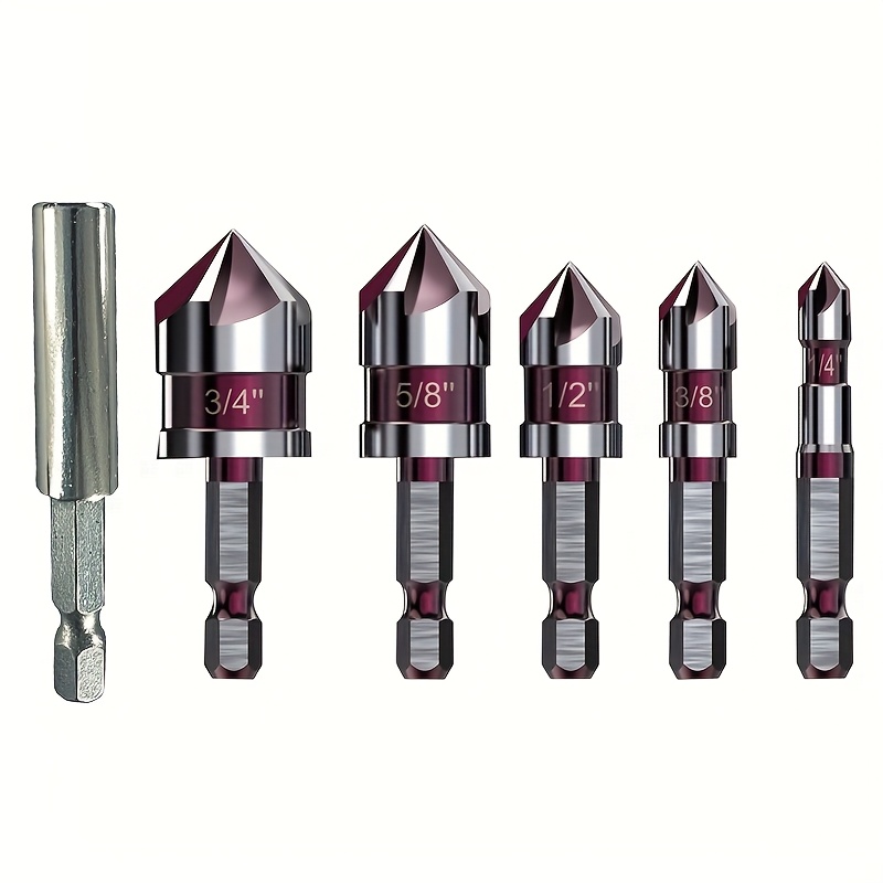 5pcs Countersink Drill Bit Set With 82° Angle, 1/4" Hex Shank - Versatile For Metal, Wood, And Plastic Drilling - Includes 1/4", 3/8", 1/2", 5/8" Sizes With Holder